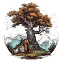 acuarela pintura de antiguo hombre y grande árbol png