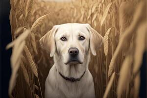 close up of a dog in a field of wheat. . photo