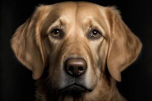 close up of a dogs face on a black background. . photo