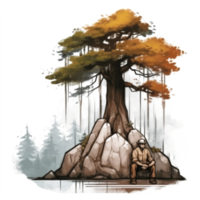 Watercolor painting of old man and tree png