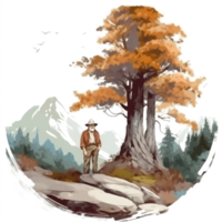 Watercolor painting of old man and big tree png