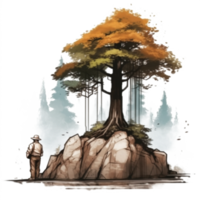 Watercolor painting of old man and big tree png