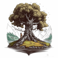 acuarela pintura de antiguo hombre y grande árbol png