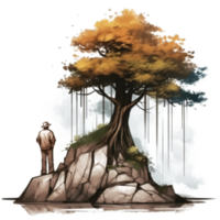 Watercolor painting of old man and big tree png