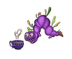 sonriente oruga carreras a un taza de café. alto calidad ilustración foto