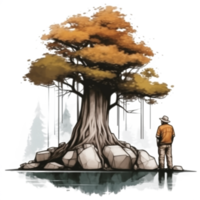 Watercolor painting of old man and tree png