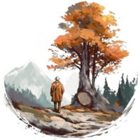 Watercolor painting of old man and big tree png