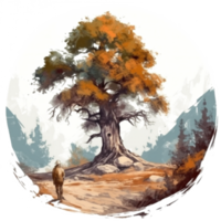 Watercolor painting of old man and big tree png