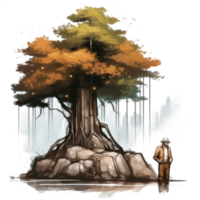 Watercolor painting of old man and tree png