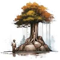 Watercolor painting of old man and tree png