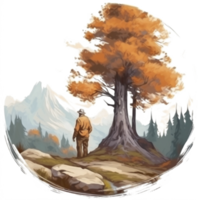 Watercolor painting of old man and big tree png