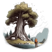 Watercolor painting of old man and big tree png