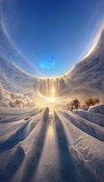 the sun shines through a hole in the snow. . photo