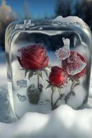 two red roses in an ice block in the snow. . photo