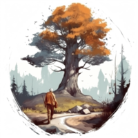 acuarela pintura de antiguo hombre y grande árbol png
