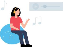 Girl wearing headphones sitting on sofa listening to music. vector