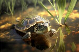 turtle that is sitting in some water. . photo
