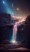 waterfall at night with the moon in the sky. . photo