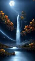 waterfall at night with a full moon in the sky. . photo