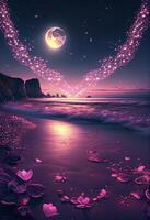 beach filled with lots of pink flowers under a full moon. . photo