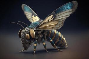 close up of a blue and gold insect. . photo