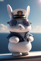 white rabbit wearing a sailors hat and sunglasses. . photo