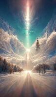 the sun shines brightly over a snowy landscape. . photo