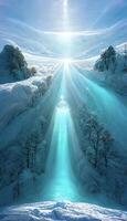 the sun shines brightly over a snowy landscape. . photo