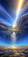 the sun shines brightly through the clouds above the clouds. . photo