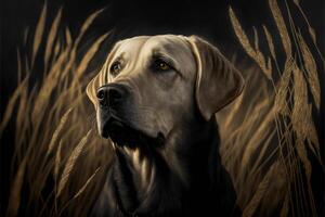 close up of a dog in a field of tall grass. . photo