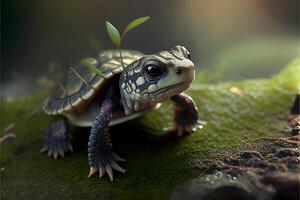 small turtle sitting on top of a green leaf. . photo