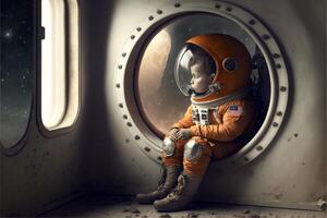 small child in a space suit sitting on a window sill. . photo