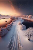 snow covered field next to a body of water. . photo