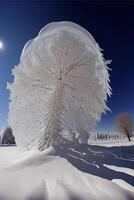snow covered tree in the middle of a field. . photo
