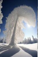 snow covered tree in the middle of a snowy field. . photo