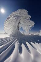 nieve cubierto árbol sentado en parte superior de un nieve cubierto campo. generativo ai. foto