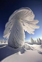 snow covered tree sitting on top of a snow covered ground. . photo