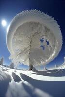 nieve cubierto árbol sentado en parte superior de un nieve cubierto pendiente. generativo ai. foto