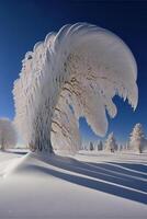 nieve cubierto árbol en el medio de un Nevado campo. generativo ai. foto