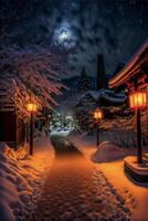 snowy street at night with a full moon in the sky. . photo