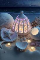 table topped with seashells and candles on top of a sandy beach. . photo