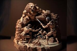estatua de un león agresor un hombre con un espada. generativo ai. foto