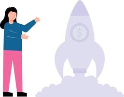 The girl is pointing at the dollar startup rocket. vector