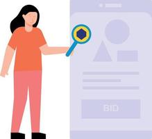Girl looking for cryptocurrency in online bidding. vector