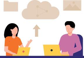 Boy and girl working on cloud sharing. vector