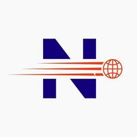 Letter N Global Logo Concept With Moving World Icon. Global Logotype Symbol Vector Template