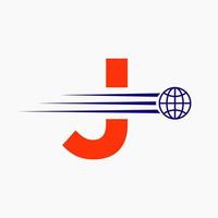 Letter J Global Logo Concept With Moving World Icon. Global Logotype Symbol Vector Template