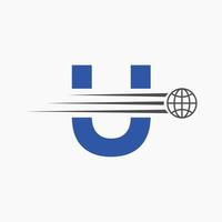 Letter U Global Logo Concept With Moving World Icon. Global Logotype Symbol Vector Template