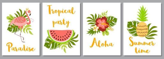 Tropical party invitation printable set. Summer cards, notes and banners with flamingo, exotic flowers, pineapple watermelon. Text Aloha, Summer time, tropicl party, paradise. Vector illustration.