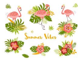 Tropical set of cute summer elements, flamingo, exotic flowers, palm leaves bouquet hibiscus. Bright summertime tropic posters Collection of scrapbooking for beach party invites. Vector illustration